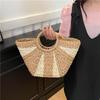 Straw Handbags Handwoven Beach Top-Handle Bags Hollow Out Stripe Tote Hand Bags Large Capacity Half-Moon Bag for Vacation Travel