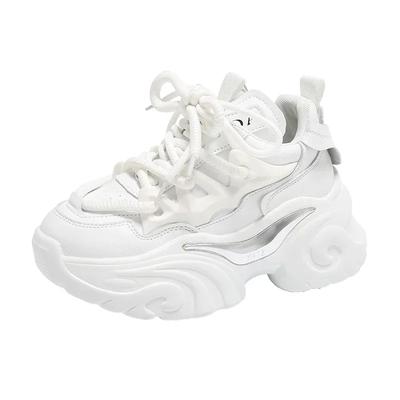 Baskets en Cuir Respirant à Semelle Épaisse pour Femmes Talons 8CM Haute Plateforme Sport Extérieur Chaussures de Papa Baskets Blanches Chaussures Massives