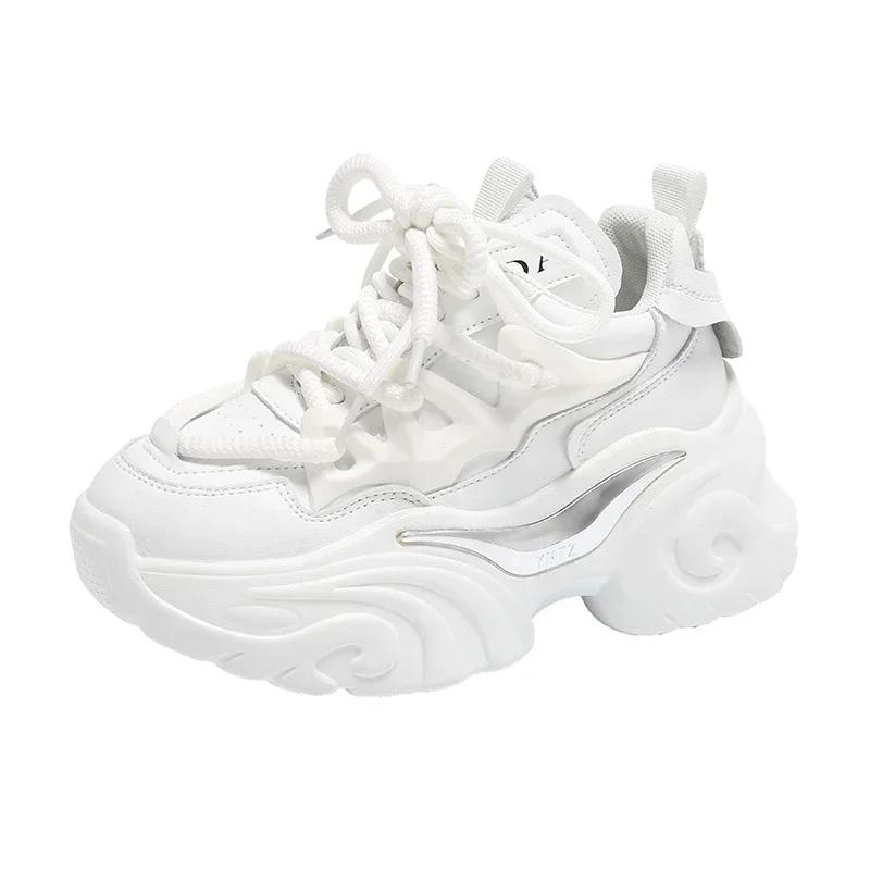 Fashion Thick Sole Women Breathable Leather Sneakers Fashion 8CM Heels High Platform Outdoor Sport Dad Shoes Trainers White Chunky Shoes