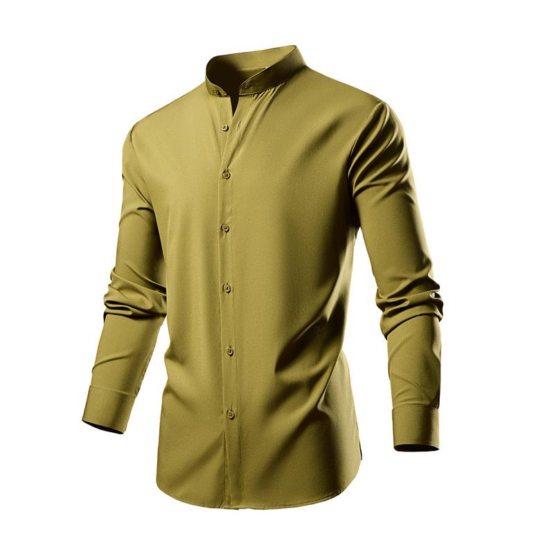 Men's Korean Version Slim-fit Fashion Stand-up Collar Trendy Elastic Long-sleeved Shirt Shirt Casual Solid Color Cardigan