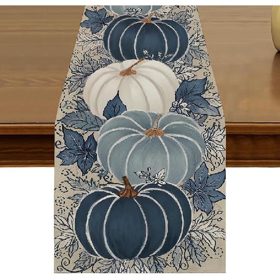 Fall Pumpkin Table Runner 13x72 Inch Kitchen Dining Autumn Thanksgiving Eucalyptus Leaves Table Decor for Indoor Outdoor Farmhouse Home Party