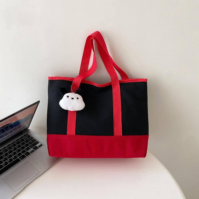 

New contrasting color cartoon large-capacity shoulder canvas bag, tote shopping bag, women s bag, make-up bag, tutoring bag