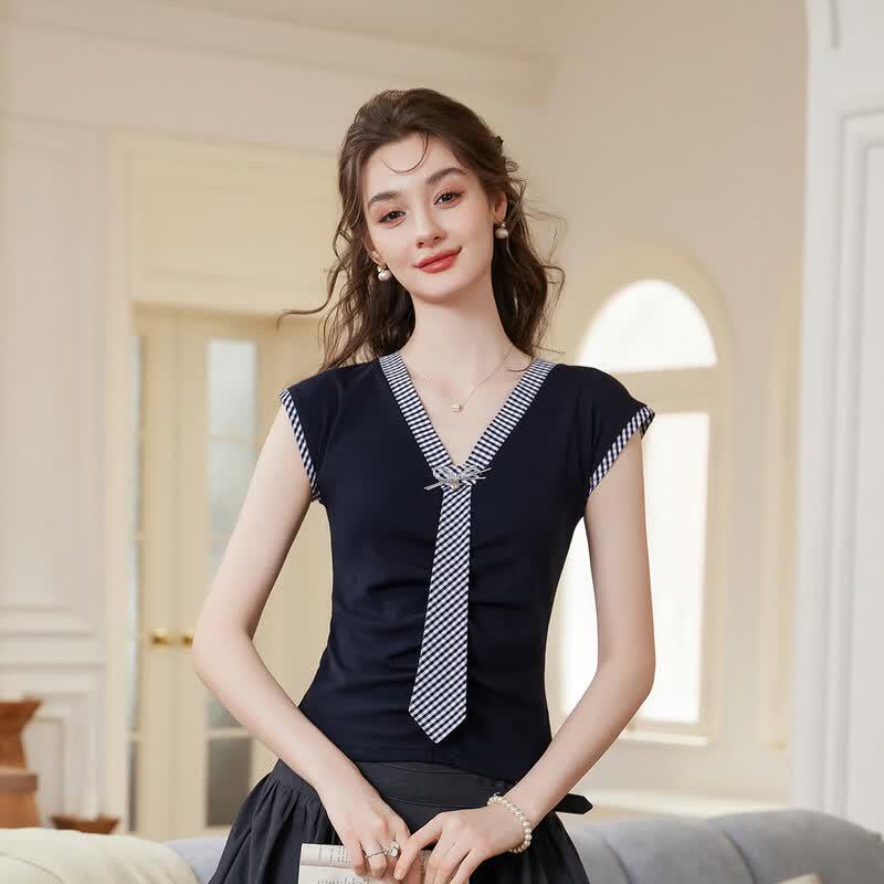 Bailuyu Women s V-Neck Plaid Tie T-shirt L