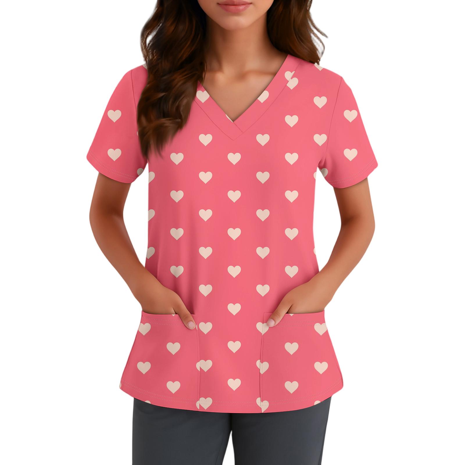 

Жіночий милий топ з принтом бантиків для роботи, з V-подібним вирізом, подвійним шаром, кишенями, базовий, з коротким рукавом, пуловер XXL червоний