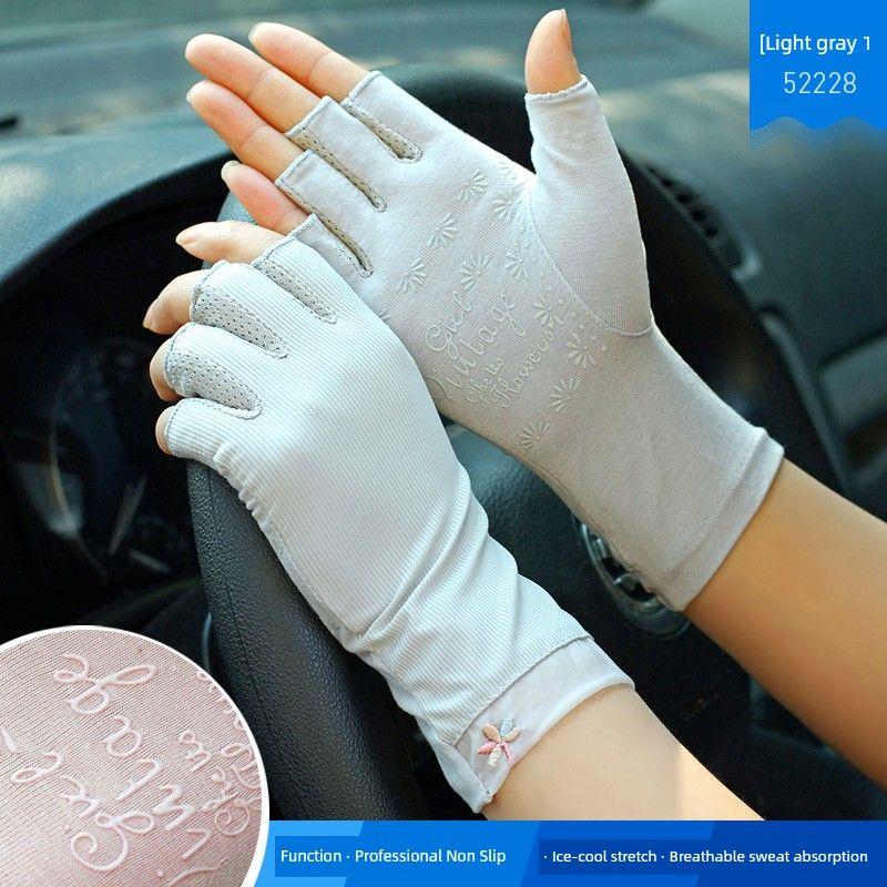 

Spring and Summer Rayon Sun Protection Gloves for Drivers Women s Half Finger 52228 light gray All yards