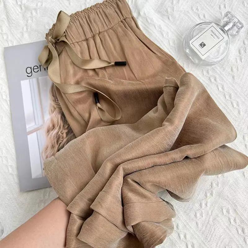 

Жіночі штани з крижаного шовку з широкими штанинами Літні тонкі повсякденні штани з високою посадкою та прямими штанинами XXS хакі