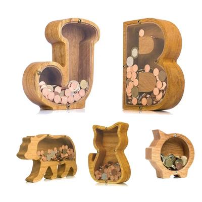 Home Decoration 26 Letter Wooden Piggy Bank with Personalized Transparent Glass Money Box for Kids Children Gift