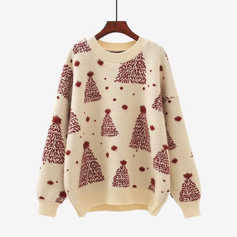 

Свободный и ленивый стиль ретро вязаный свитер, носить осенью и зимой, новый пуловер с рисунком снежинки и рождественской елки, женский, контрастных цветов 411-114 (average size) бежевый