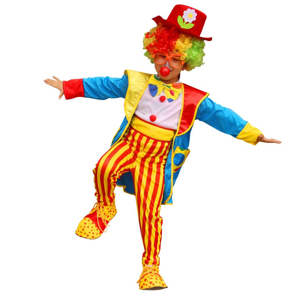Kids Halloween Clown Costume Striped Jumpsuit Coat Top Hat Bowtie Carnival Performance Outfit