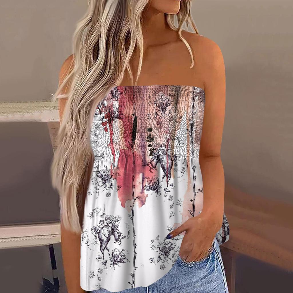 2024 Tube-Tops für Damen, süßes, sexy, schulterfreies, ärmelloses T-Shirt mit Blumendruck