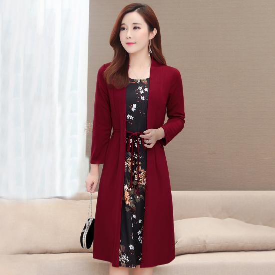 Sukienka z dekoltem O, długim rękawem, sznurowana w talii, dopasowana, elegancka, z nadrukiem w kwiaty, imitacja dwuczęściowego kardiganu, sukienka midi, odzież damska