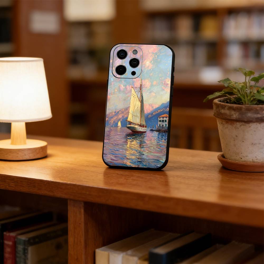 Oil painting sailboat Phone Case For iPhone 17,16,15,14,13,12,11 Plus,Pro Max,XS,Soft Silicone Black Cover