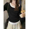 Black and White Contrast Fake Two-piece Patchwork Long Sleeve Shirt T-shirt In Early Autumn Women Sexy Girl Design Slim Top