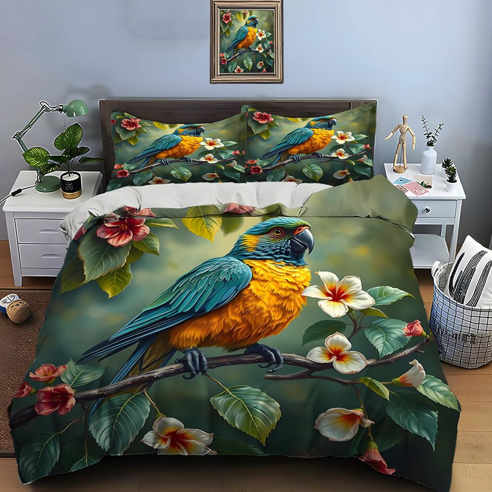 Colorful Parrot On Blooming Branch Print Soft Comfortable Duvet Cover Bedding Set Included 1*Duvet Cover 2*Pillowcases