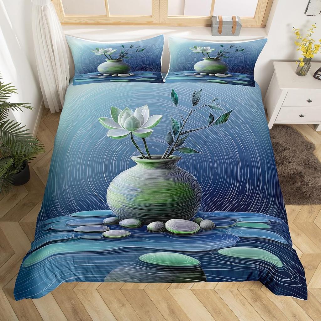 Comforter Minimalist Zen Stone Boho Comforter Purple Flowers Twin Bedding Setblack Stones Print Bed Set For Girls Woman