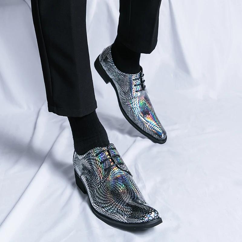 New Men Bright PU Printing Fashion Shoes Low Top Business British Casual Shoes Lace Up Classic Large Sizes 38-47 Men's Shoes