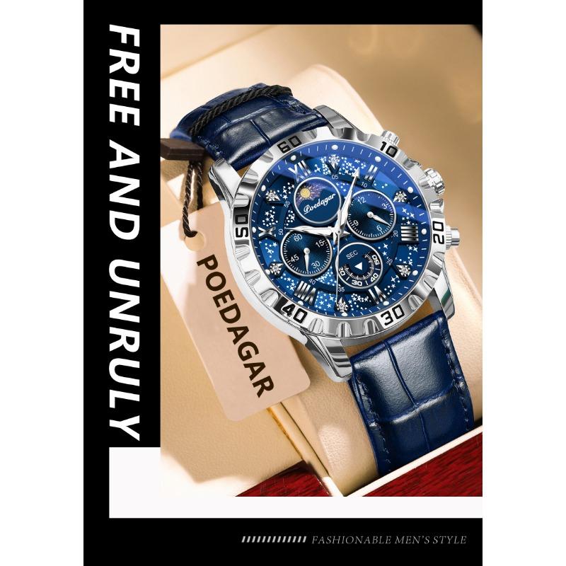 POEDAGAR Original Military Man Wristwatch Waterproof Luminous Chronograph Leather Strap Watches for Men Quartz Watch Reloj