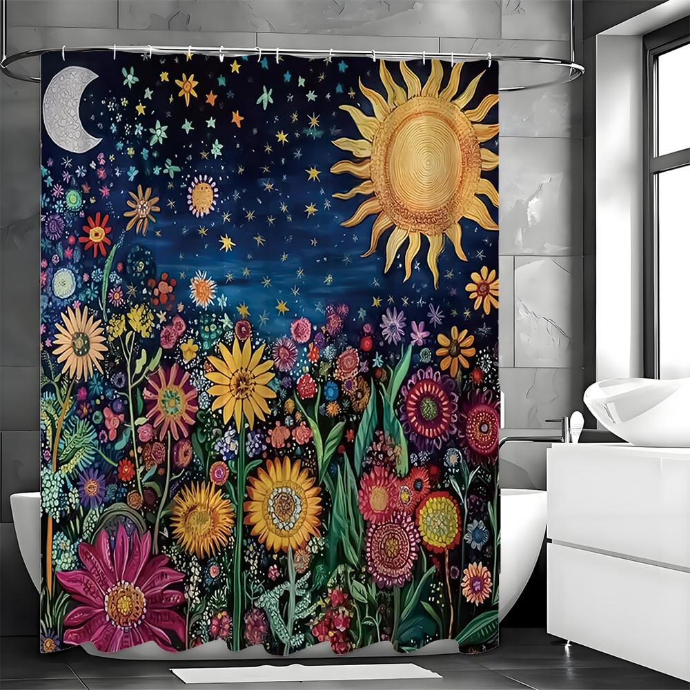 Sun Moon Star Flower Shower Curtain, Bathroom Decorative Shower Curtain, Waterproof Shower Curtain with Hooks
