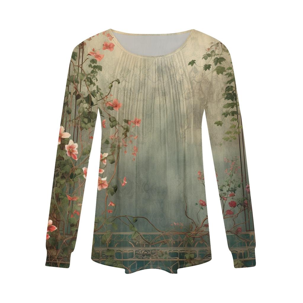 Damers avslappnade och moderiktiga tryckta rundhalsade långärmade plisserade t-shirttop för jul