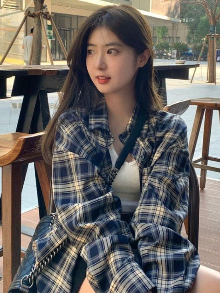 

Power Wear клетчатые рубашки женские праздные ретро кардиган рубашка верхняя одежда длинный рукав топ весна и осень новинка 2XL синий