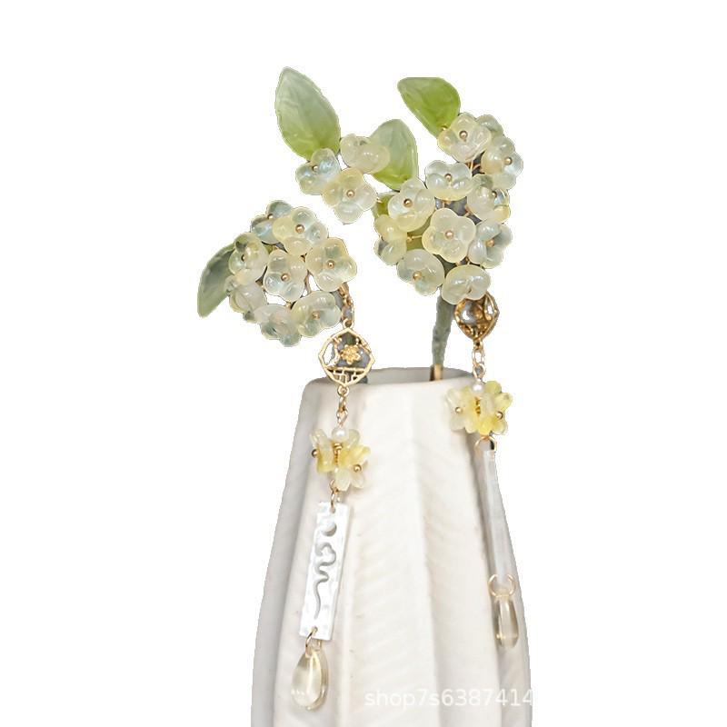 Ancient Osmanthus Glass Flower Tassel Hairpin: Ming Style Hanfu Qipao Updo Accessory