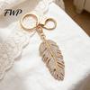 Rhinestones Inlay Keychain Pendant Inlaid Feather Shape Key Chain with Anti-Oxidation Lobster Clasp Backpack Bag Accessory Alloy