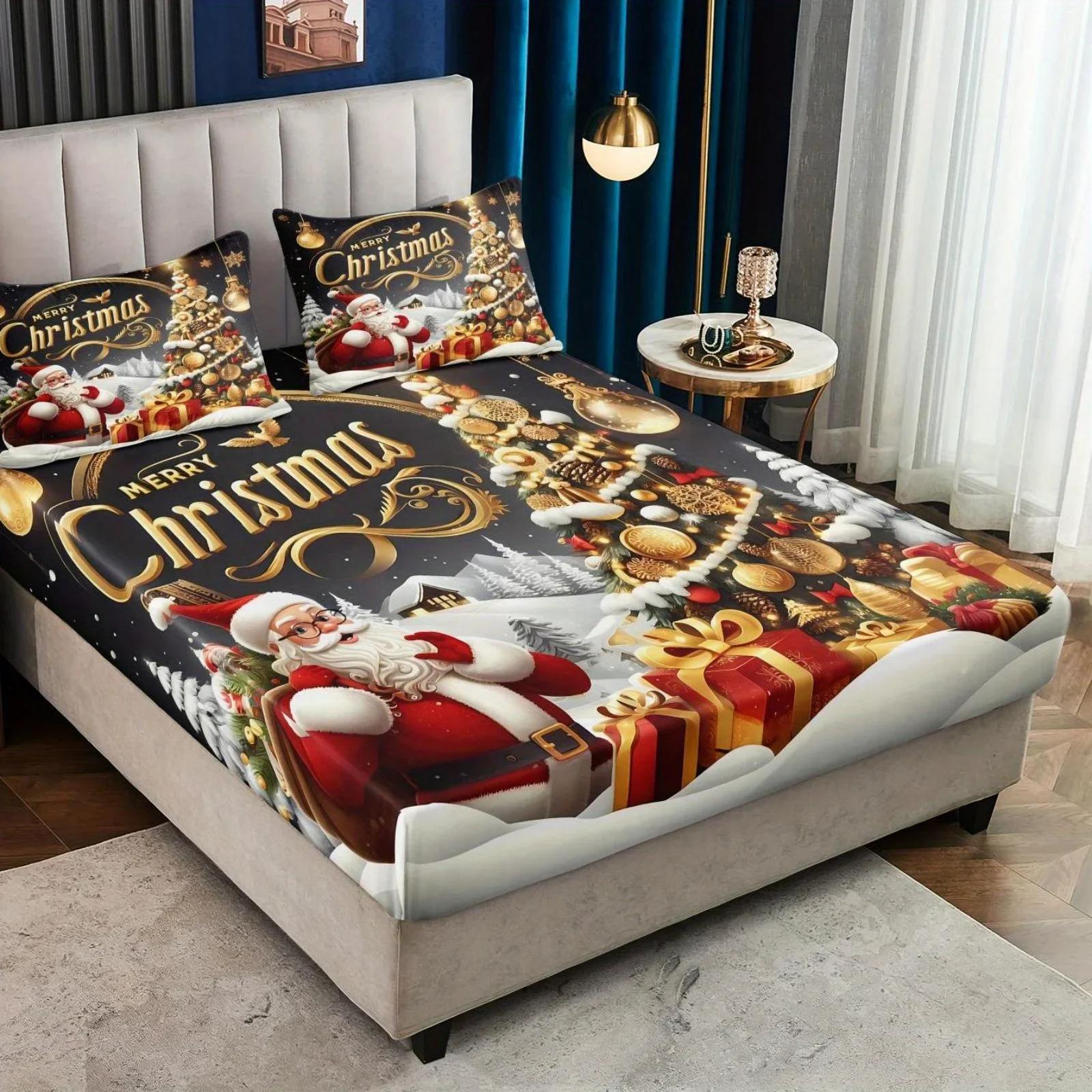 

3Pcs 85G July Polyester And Nylon Gorgeous Christmas Moon Color, Tree And Santa Digital Fitted Sheet Set, Soft, Comfortable, Bed 90x200cmx25