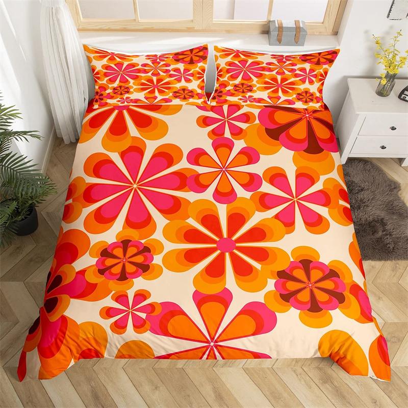 Retro Hippie Flower Duvet Cover Rainbow Floral Bedding Set Polyester Cartoon Ghost Comforter Cover Set 60S 70S Groovy Bedclothes