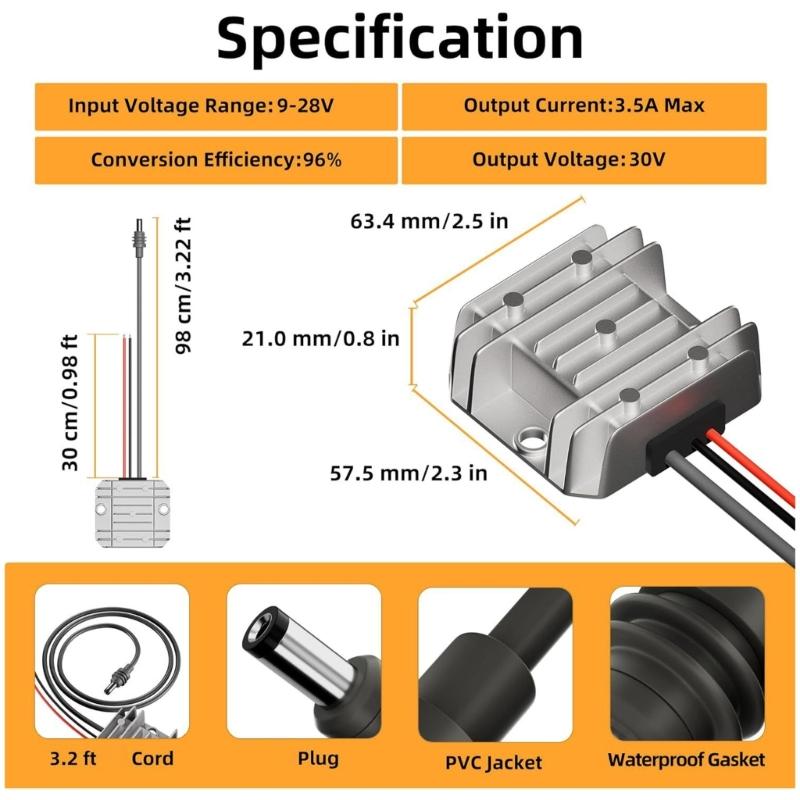 12V/24V to 30V 3.5A Converter with Power Cable Step Up Module 9V to 28V Input Step Up Power Adapter Cord Enduring