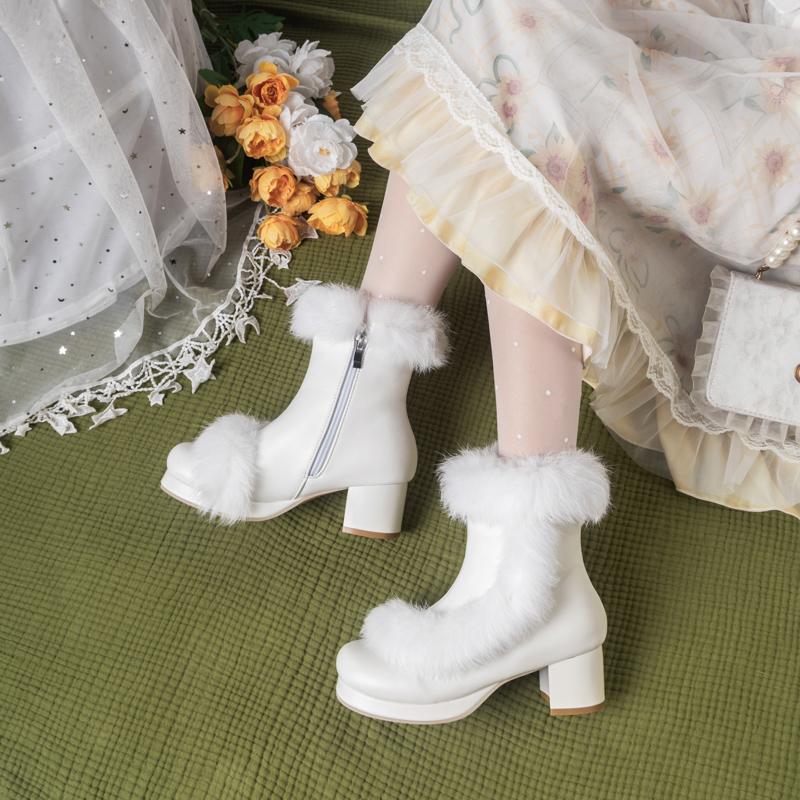 Lolita Cosplay Costom Ankle Boots Girls with Rabbit Fur Black Pink White Women 2024 Uniform Leather High Heels Sweet Shoes