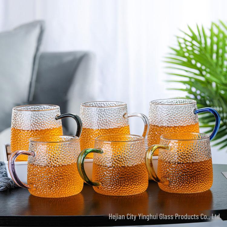 Colored Handle Hammered Glass Cup - Single Layer, Heat-Resistant, Transparent for Water, Milk, or Tea