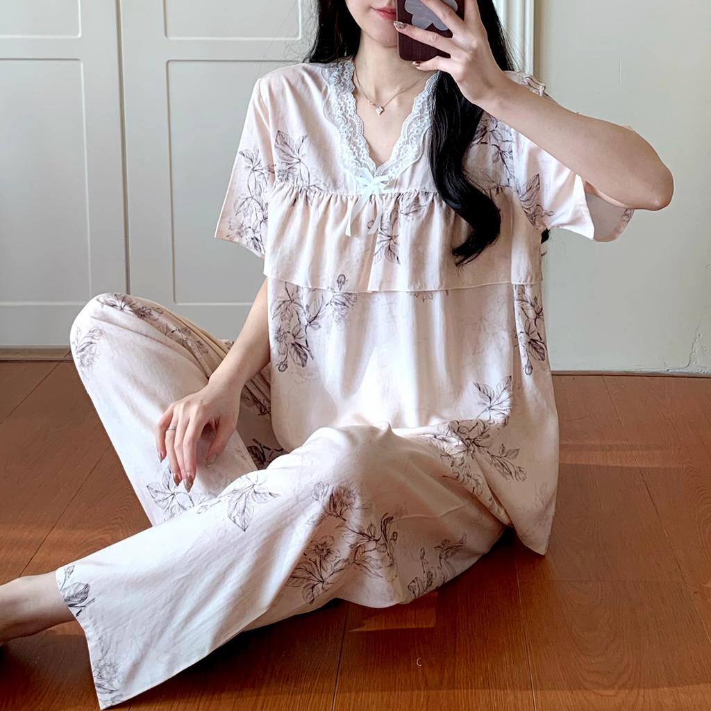 Short-sleeved Trousers Cotton and Silk Pajamas Women's Summer Thin Suit Japanese Sweet Anti-bumps Can Be Worn Outside Cotton Silk Loungewear