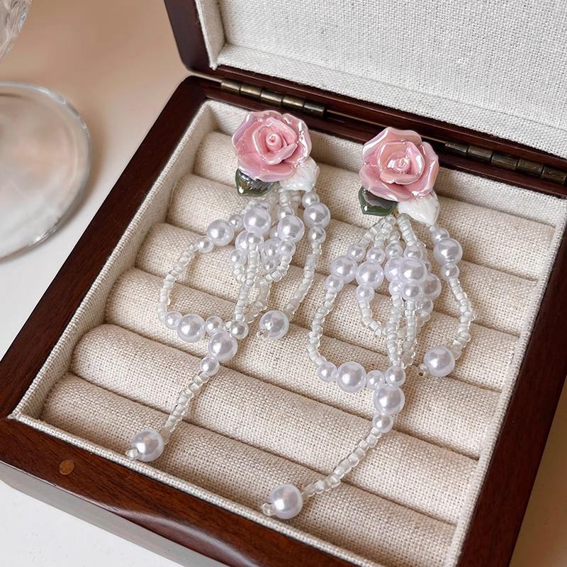 Exquisite French Retro Long Tassel Rose Earrings for Women