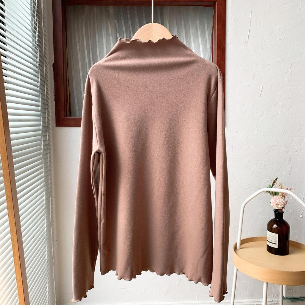 2025 Autumn/Winter Women's Ruffle-Trim Semi-High Neck Solid Color Slimming Warm Base Layer Top