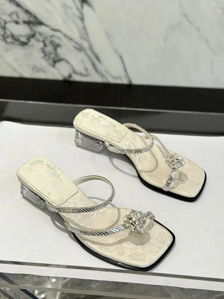 2025 Fashion summer women's sandals outdoor crystal open-toe shoes thick heel elegant and comfortable slippers beach flip-flops