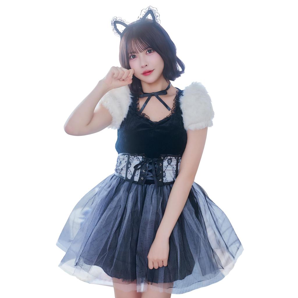 Clearstone Coquettish Girly Halloween Cosplay Vanilla Cat Costume Set for Women, Size M, White - Cute Animal Themed Party Outfit