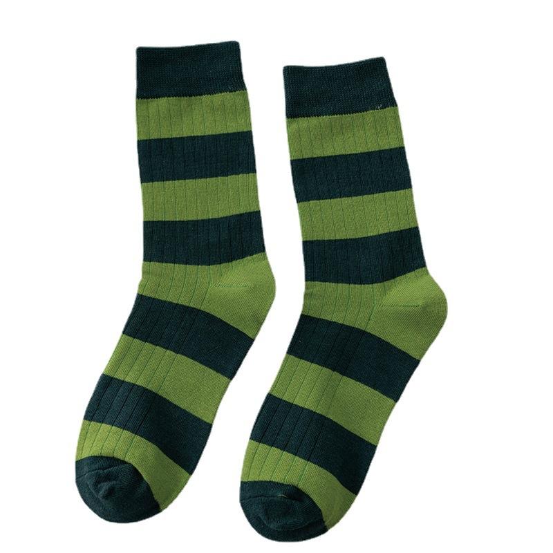 Green Striped Socks for Women's Autumn and Winter Trendy Socks In A Color-blocked Style. Wear Mid-calf Socks for Women
