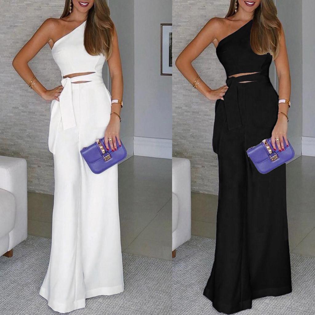 Summer Women Solid Sleeveless Strapless Bandage Jumpsuit Long Wide Leg Trousers
