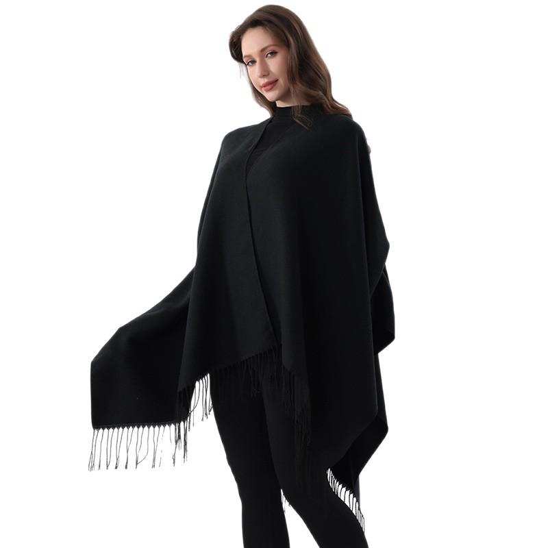 Solid Black Tassel Hem Open Front Poncho Cape Soft Faux Cashmere Wrap Shawl for Women