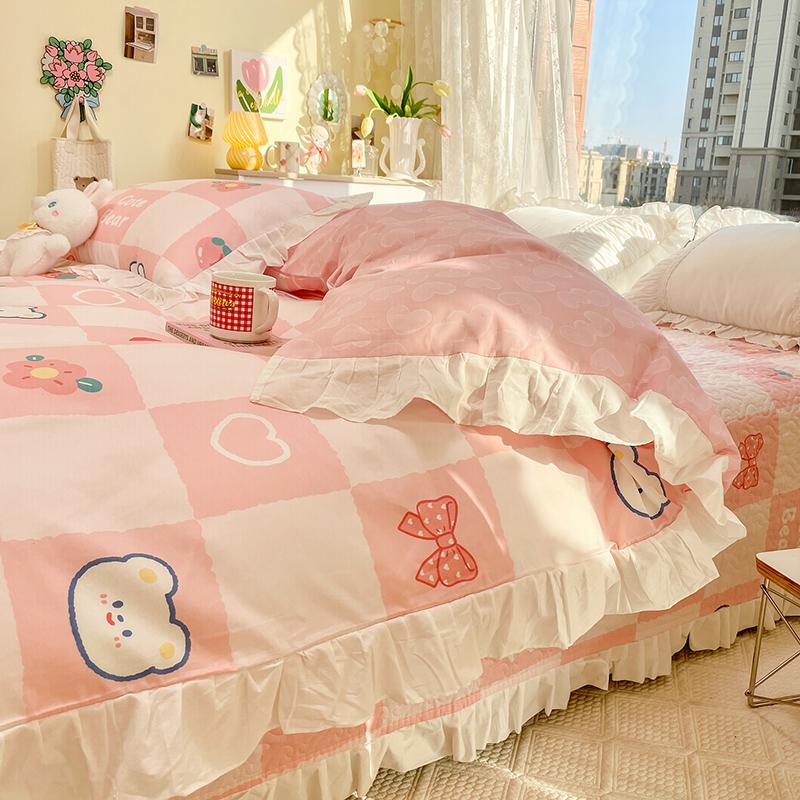 Botanical Floral and Cartoon Rabbit Duvet Cover 3pcs Kawaii Pink Bedding Set For Girl Teen 100% Cotton Farmhouse Comforter Cover