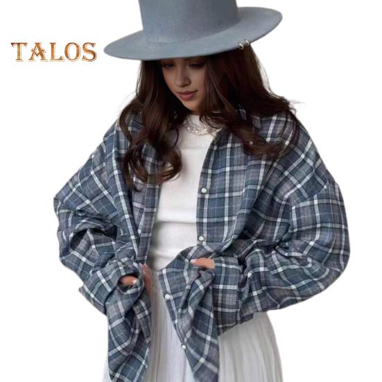 Women Shirt Lapel Long Sleeve Plaid Print Shirt with Flap Pocket Loose Fit Buttons Placket Mid-length Shirt