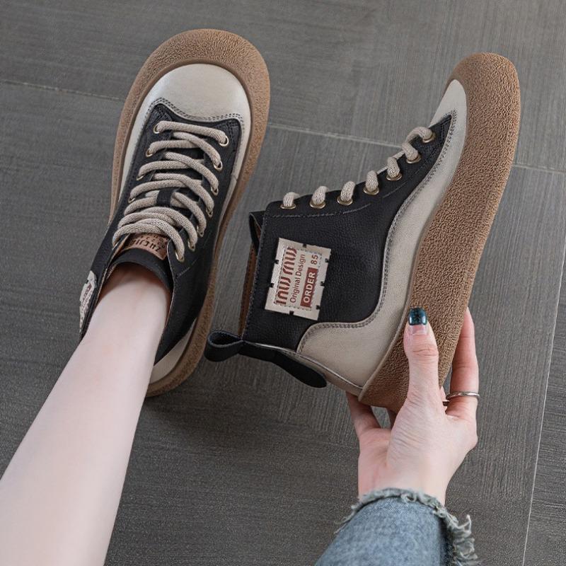 Autumn New Leather Retro High-top Board Shoes Women's Wear-resistant Non-slip Heightening Board Shoes Women's Comfortable and Fashionable Versatile