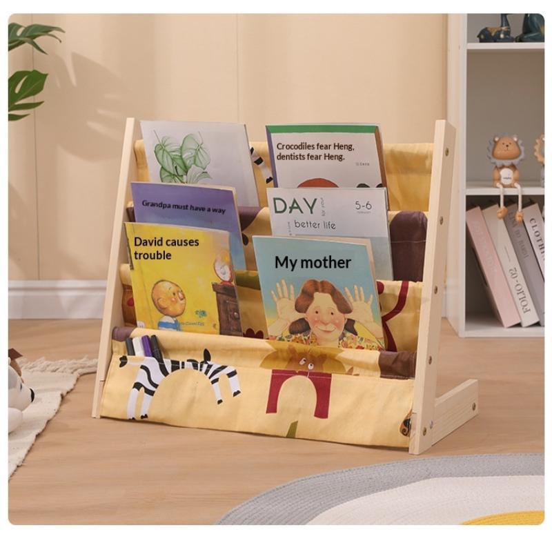 Solid Wood Kids Sling Bookshelf With Canvas Pockets And Large Capacity Perfect For Nursery Playroom Bedroom
