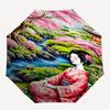 Cherry Blossom Garden, Traditional Kimono Themed Automatic Opening and Closing Umbrella, Brightly Colored 8 rib Portable Umbrella, Suitable