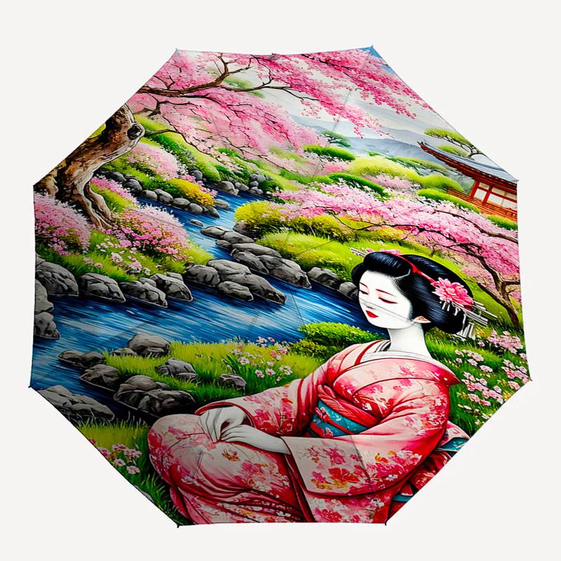 Cherry Blossom Garden, Traditional Kimono Themed Automatic Opening and Closing Umbrella, Brightly Colored 8 rib Portable Umbrella, Suitable