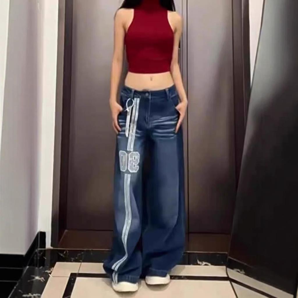 High Street Double Pole Embroidered Wide Leg Jeans for Women In Autumn and Winter Retro Loose Thin Slim Drop Straight-Leading Floor Pants