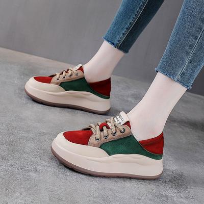 Women's Spring and Autumn New Leather British Style Round Head Color Blocked Casual Board Shoes