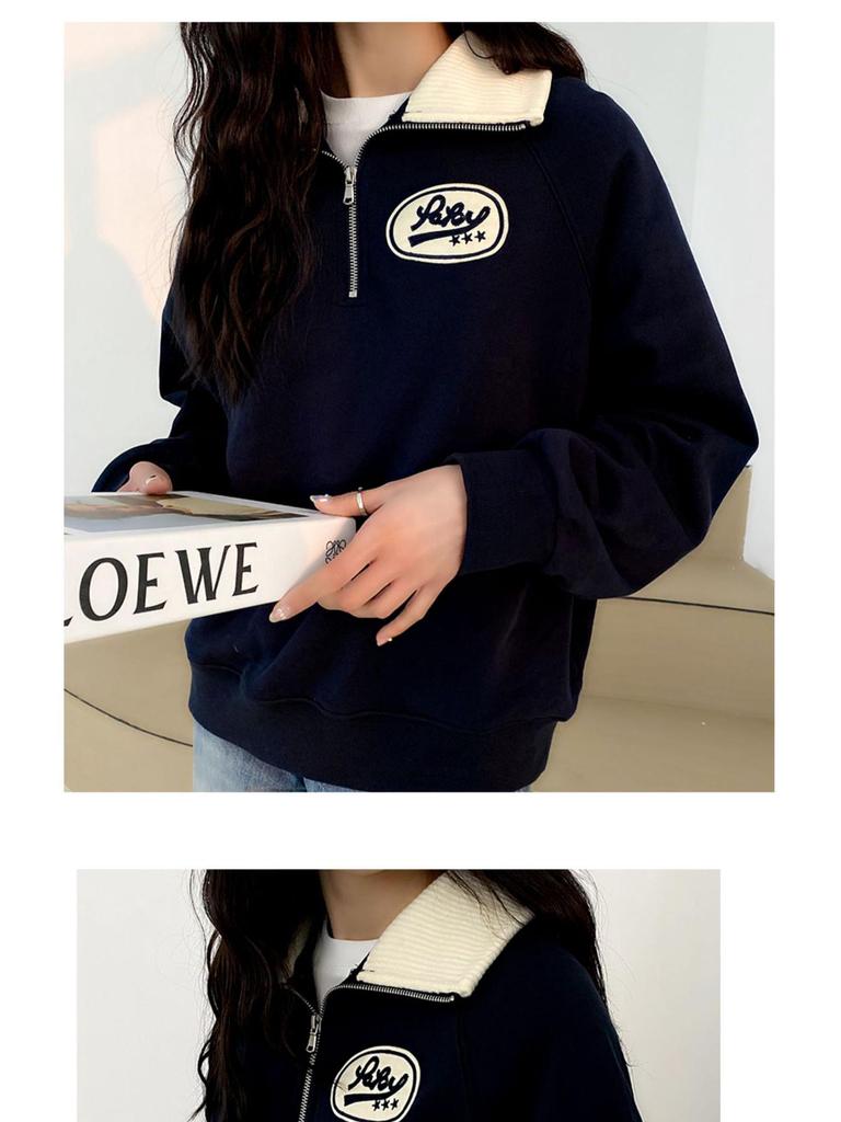 Women's Retro Half-Zip Polo Sweatshirt - Petite, Loose Fit, Korean Style, Spring/Autumn 2025