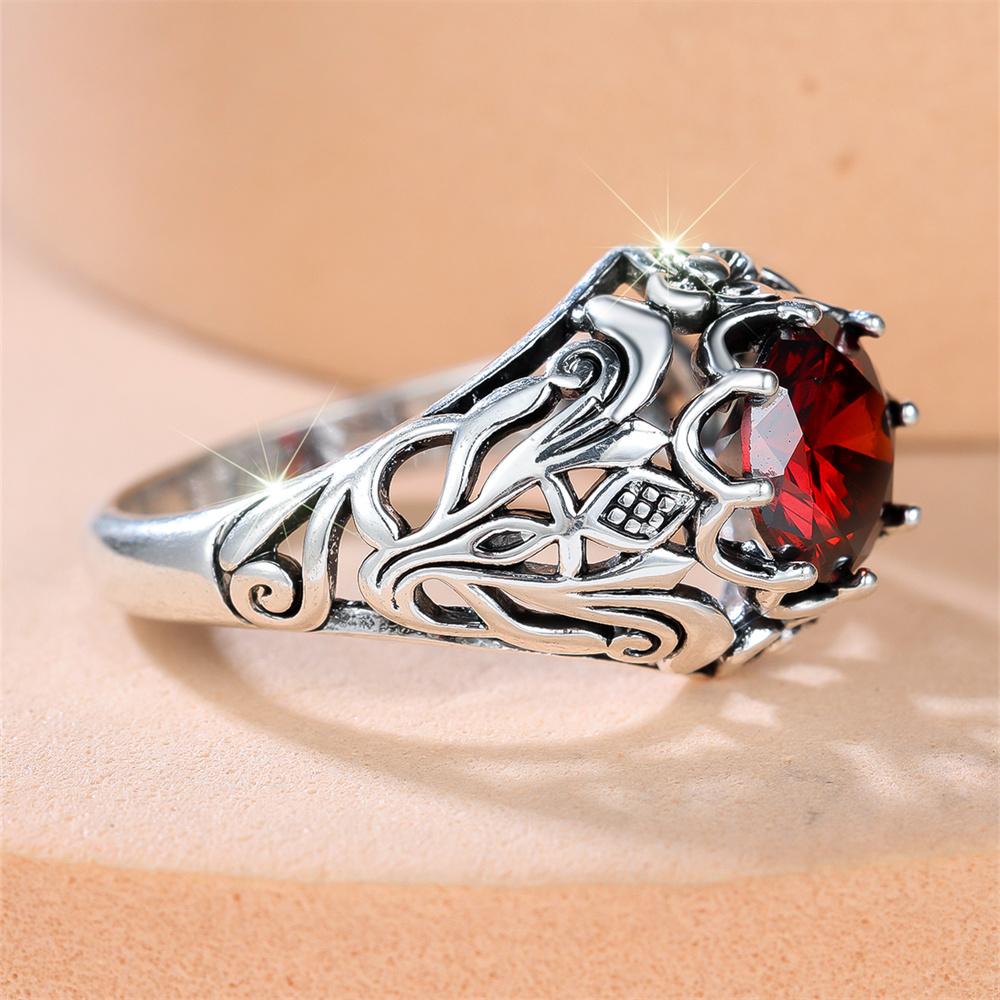Red Zircon Big Round Stone Vintage Flower Rings For Women CopperColor Engagement Ring Wedding Jewelry Bridal Mother's Day Gifts