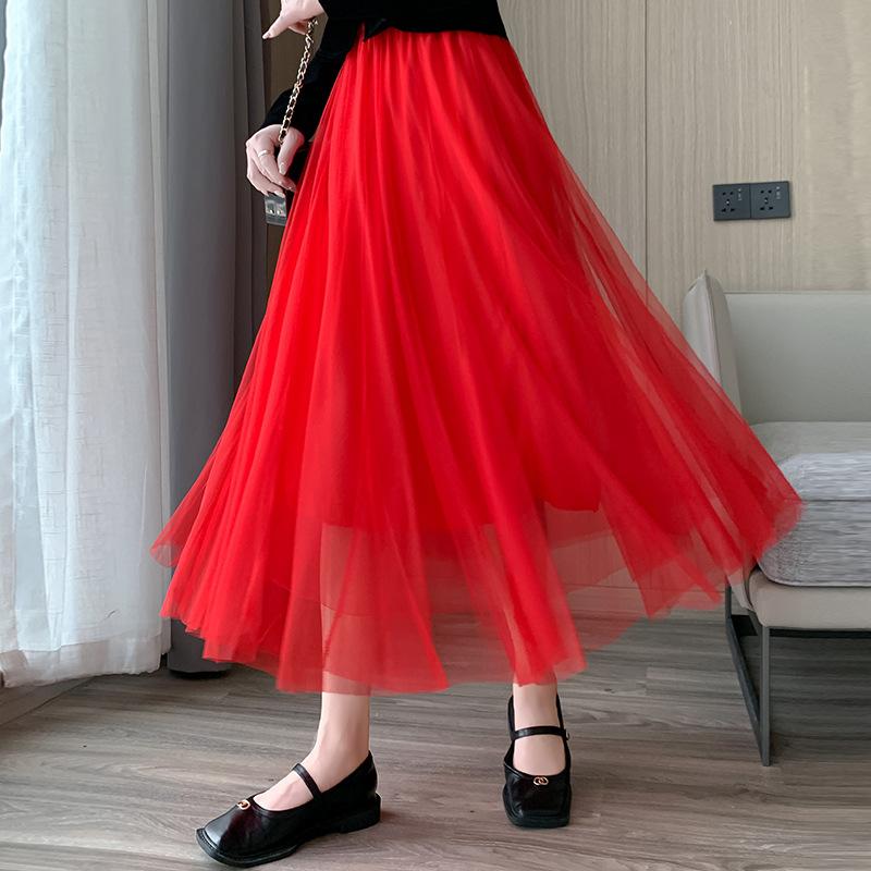 Mesh Skirt for Spring and Summer New Women's High Waist Mid-length Elastic Waist A-line Skirt Princess Long Skirt